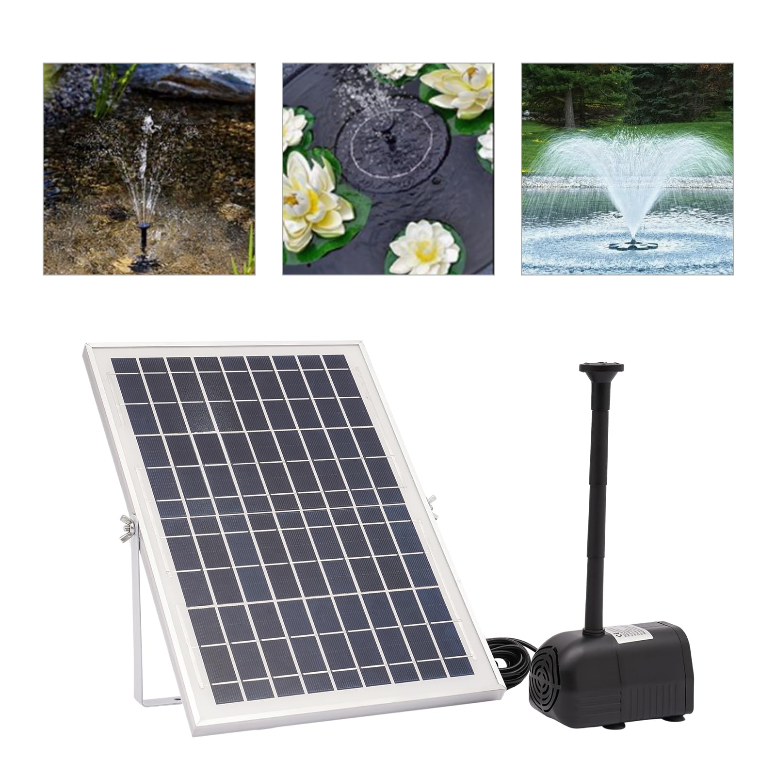 Fuente solar de 10 W, bomba solar de 1000 l/h, IP68, bomba solar para estanque con panel solar de 17 V, altura de extracción de 1,5 m, bomba de agua sin escobillas para jardín, estanque