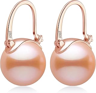 Pendientes colgantes de perlas, elegantes pendientes colgantes de plata de ley 925 de 14 mm con cierre chapado en oro rosa para mujer a la moda