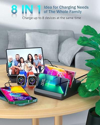 Miniatura 7 de Estación de carga inalámbrica con 6 puertos USB, estación de carga inalámbrica dual 8 en 1 de 15 W, estación de carga rápida USB 2 QC/2 PD USB,
