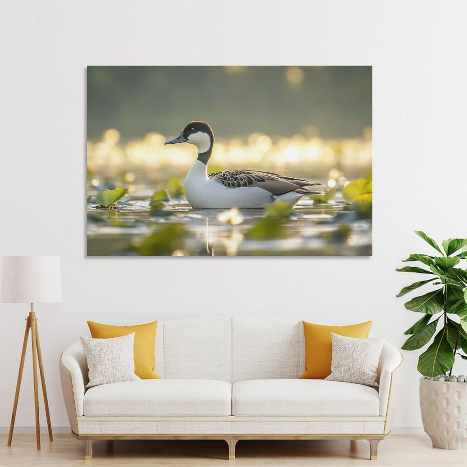 Junmoney Pintail Duck Swimming in Lily Pond Wall Art Print, 24x36inch(60x90cm), for Bedroom Decor, Cosy Corners Or Studios, Canvas Wall Decor for Personal Spaces