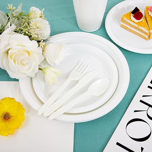 Miniatura 2 de MirthMood - 350 platos desechables blancos, platos desechables redondos de color sólido para fiestas, incluyendo 50 platos llanos, 50 platos de