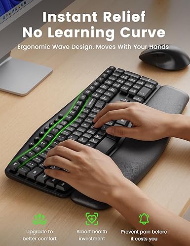 Miniatura 3 de Combo ergonómico de teclado y mouse inalámbricos, juego de teclado silencioso de tamaño completo de 30 dB con teclas onduladas y reposamanos suave,