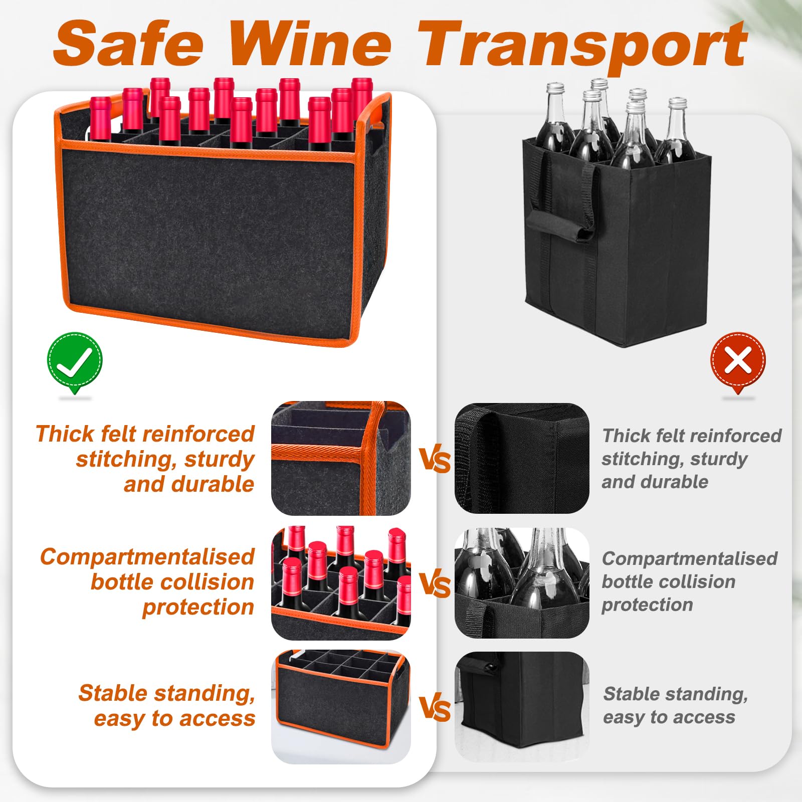 Borsa per Bottiglie con 6 Scomparti, Borsa Porta Bottiglia di Vino in Feltro, con Maniglia e Rimovibili Divisori, Borsa Trasporto in 1,5 litri per Viaggio Picnic Festa (Per 12 bottiglie)