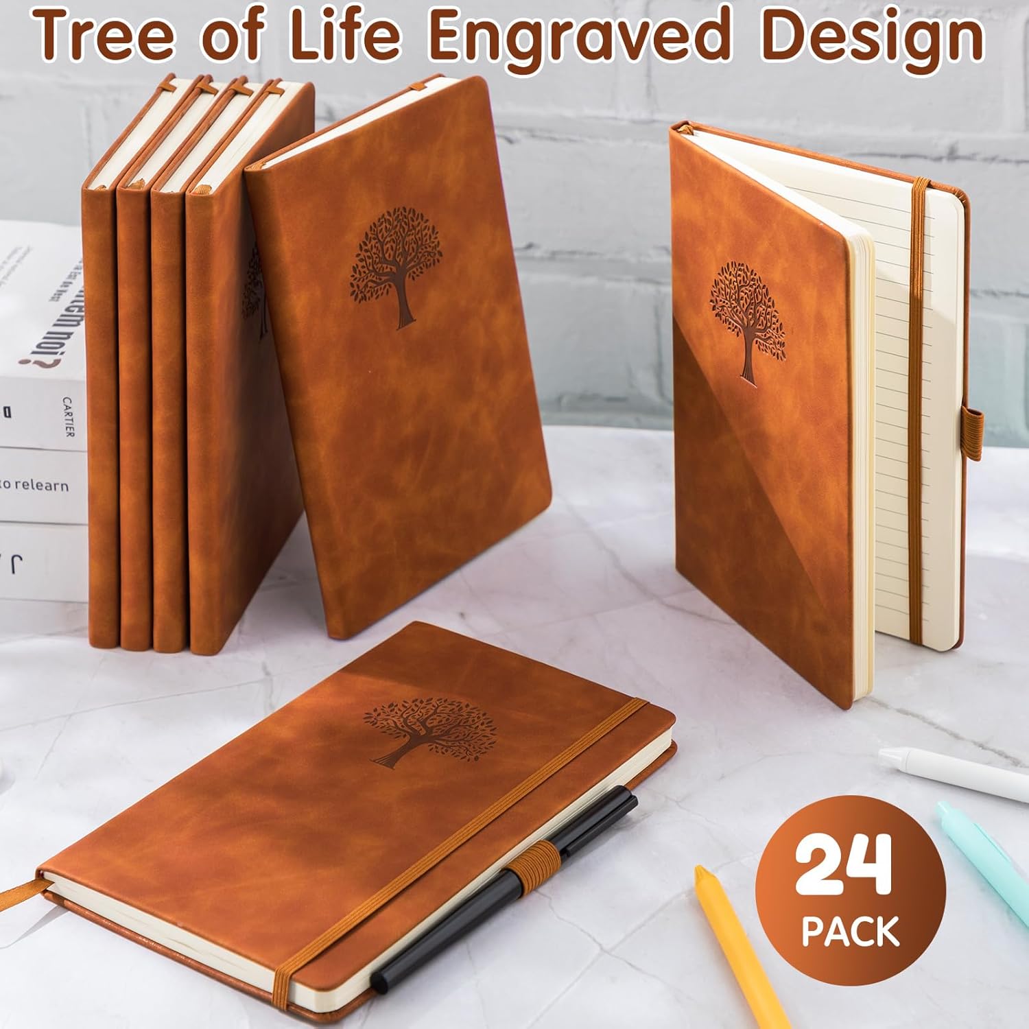 Qeeenar 24 Pack Leather Notebook Journals Bulk 5.7" x 8.3" Harder Cover A5 Journals for Writing Men Women Leather Travel Notebooks Daily Gifts for Office Back to School (Brown)