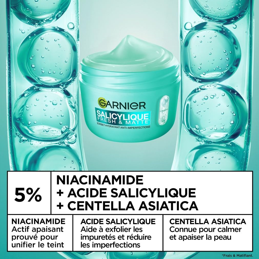 GARNIER - Salicylique - Crème Sorbet Hydratante Fresh & Matte - Crème Hydratante & Matifiante - Adoucit la Peau, Unifie le Teint, Réduit les Pores et l'Excès de Sébum - Tous Types de Peaux - 85 ml