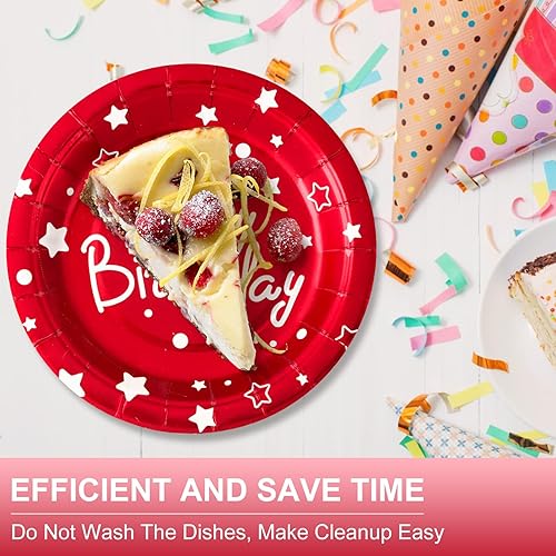 Miniatura 4 de Platos de papel para fiesta de cumpleaños, platos de postre desechables de cumpleaños rojos, 50 unidades de suministros de fiesta de 7 pulgadas,