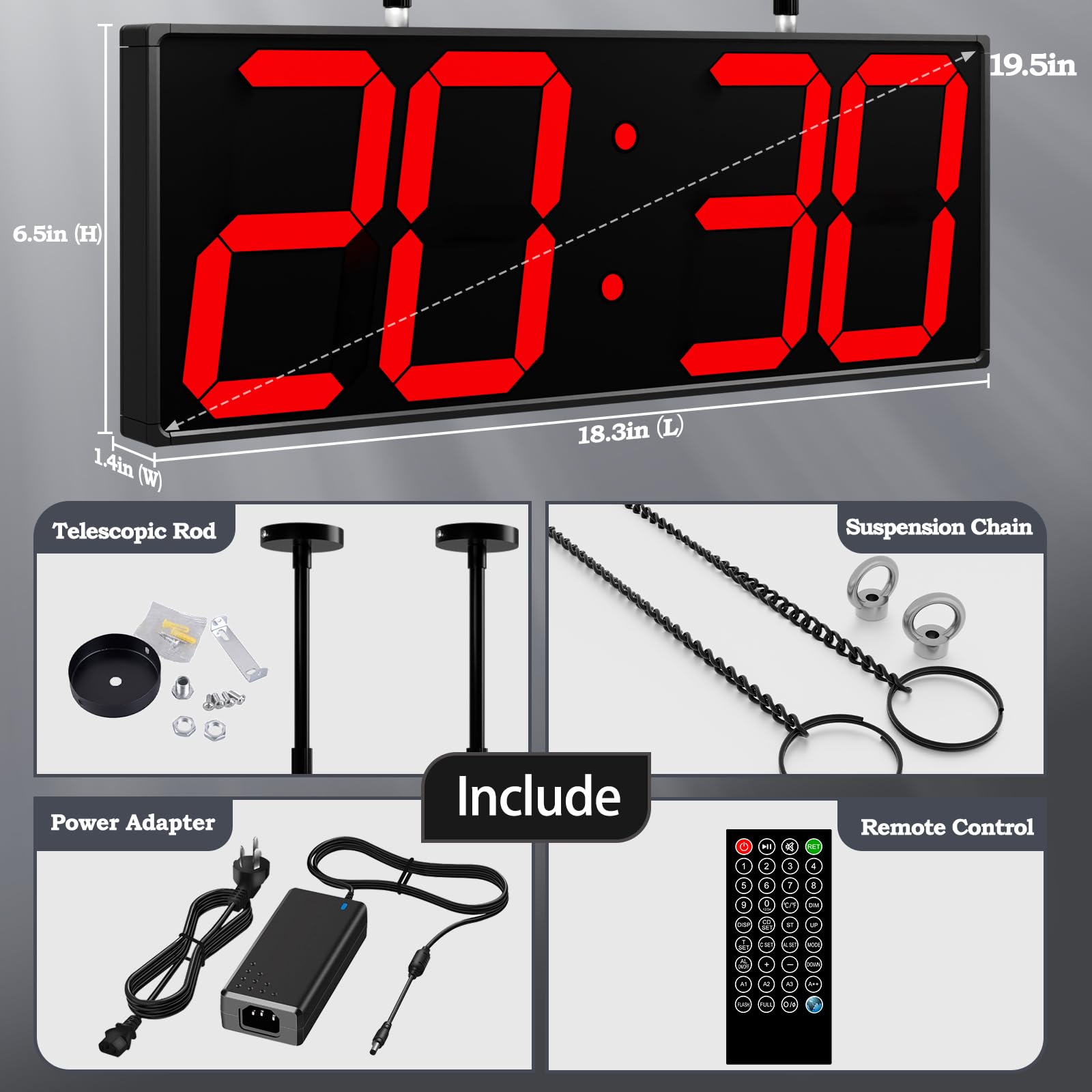 CHKOSDA Große digitale Wanduhr mit doppelseitigem Display, multifunktionale LED-Hänge-Digitaluhr mit einstellbarer Helligkeit, geeignet für Büros, Lager, Korridore, 49,5 cm (19,5 Zoll), Rot