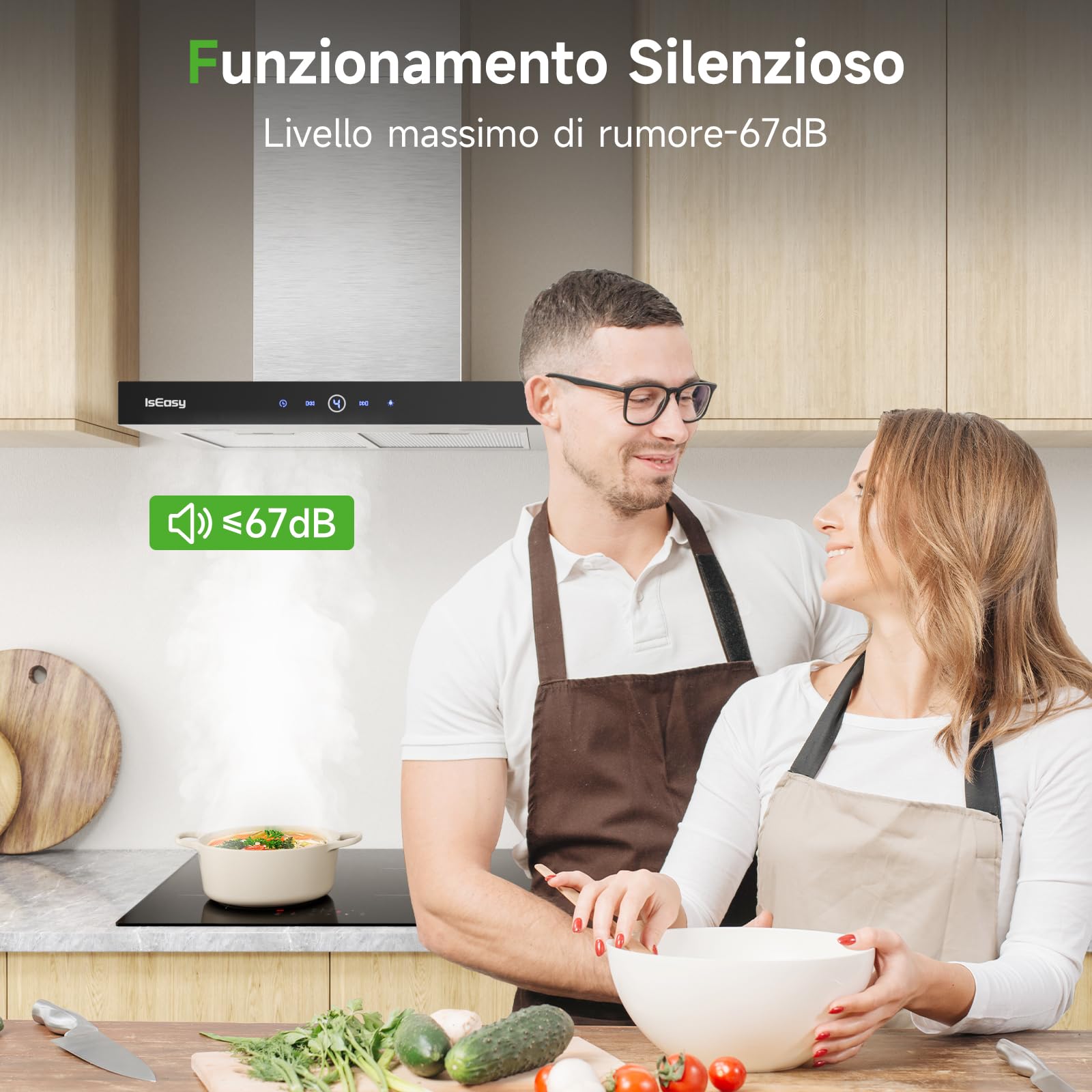 IsEasy Cappa Aspirante Inclinata 60 cm, Cappa Cucina con 590m³/h Forte Potenza di Aspirazione, 4 Livelli di Regolazione, 1-9 Minuti di Ritardo di Arresto, 67 dB, Argento, Class A++