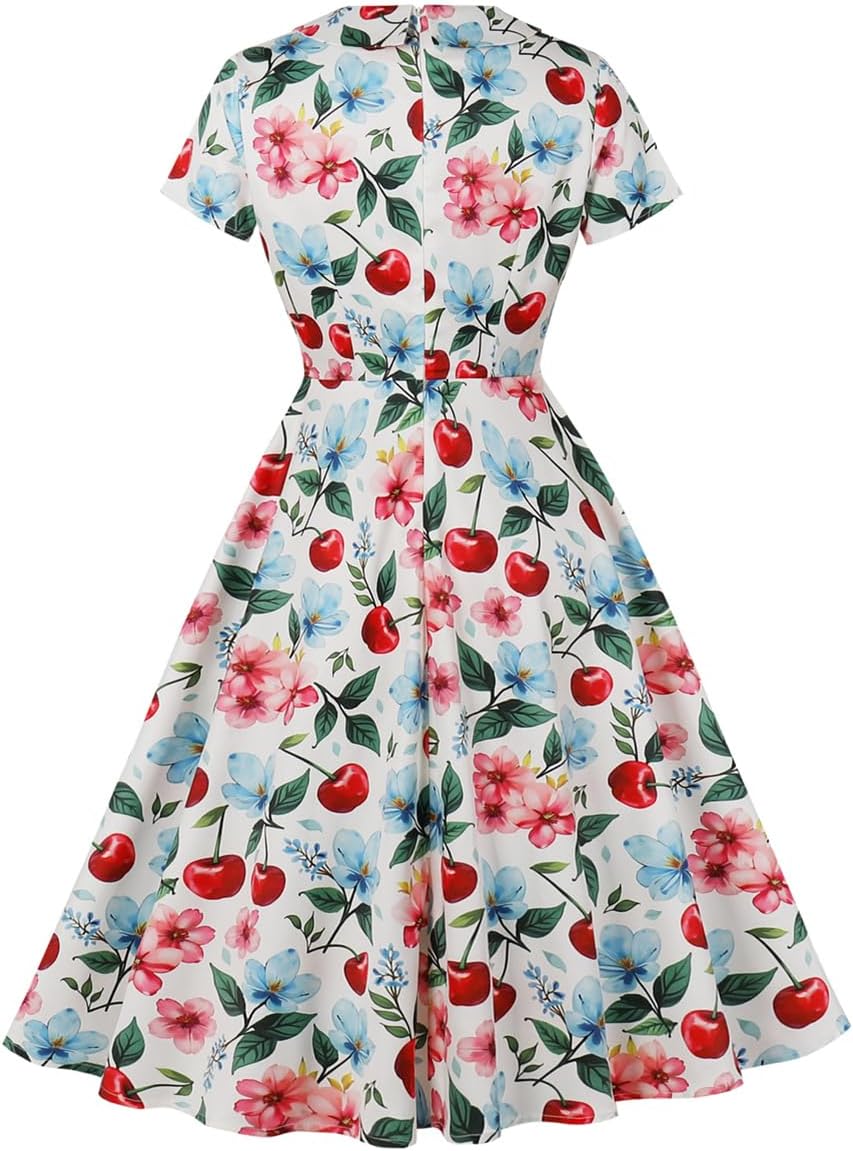 Women's 1950s Retro Dress Short Sleeve Floral Print Swing Dresses for Vintage Cocktail Party Rockabilly Dress - Image 2