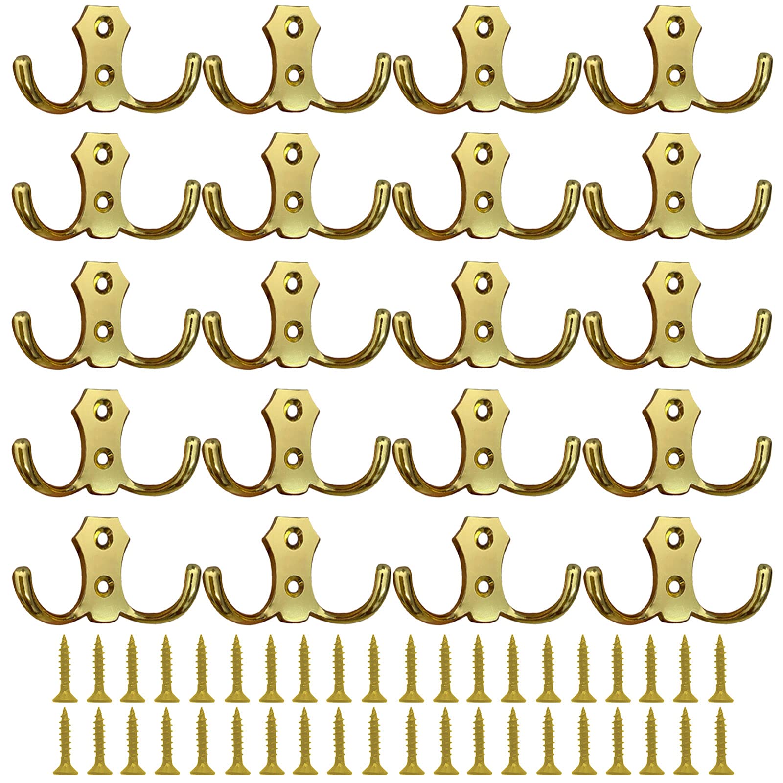 Fivebop 20 Pcs Double Prong Hooks Wall Mounted, Heavy Duty Coat Hooks Retro Dual Robe Hanger Hooks for Clothes, Hats, Bags, Scraves, Keys, Towels (20Pcs-Gold)