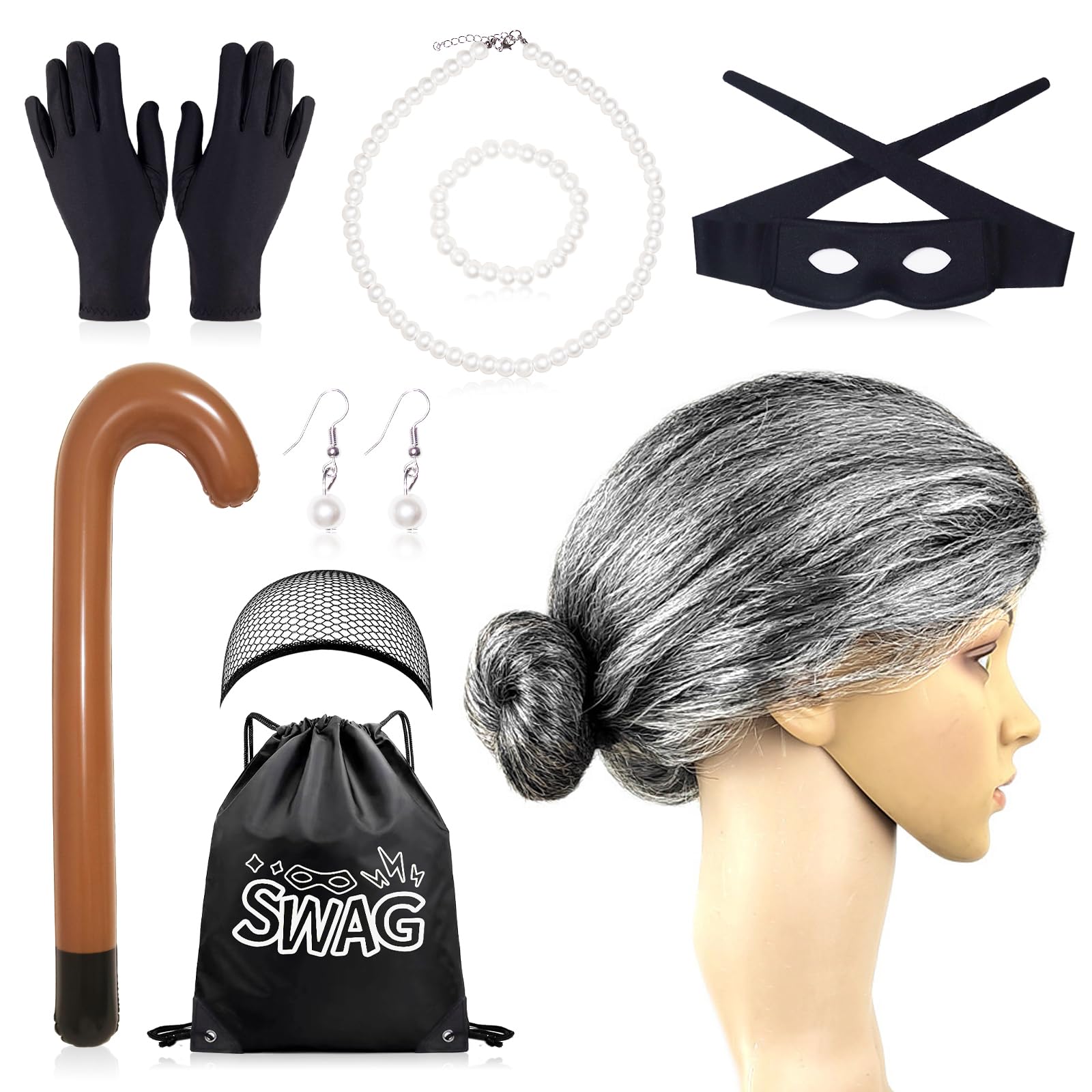 Gangster Granny Fancy Dress Kit Robber Costume Include Grey Old Lady Wig Inflatable Cane Eyemask Necklace Pearl Jewelry Swag Bags Burglar Grandma Fancy Dress for Adult Kids Halloween World Book Day