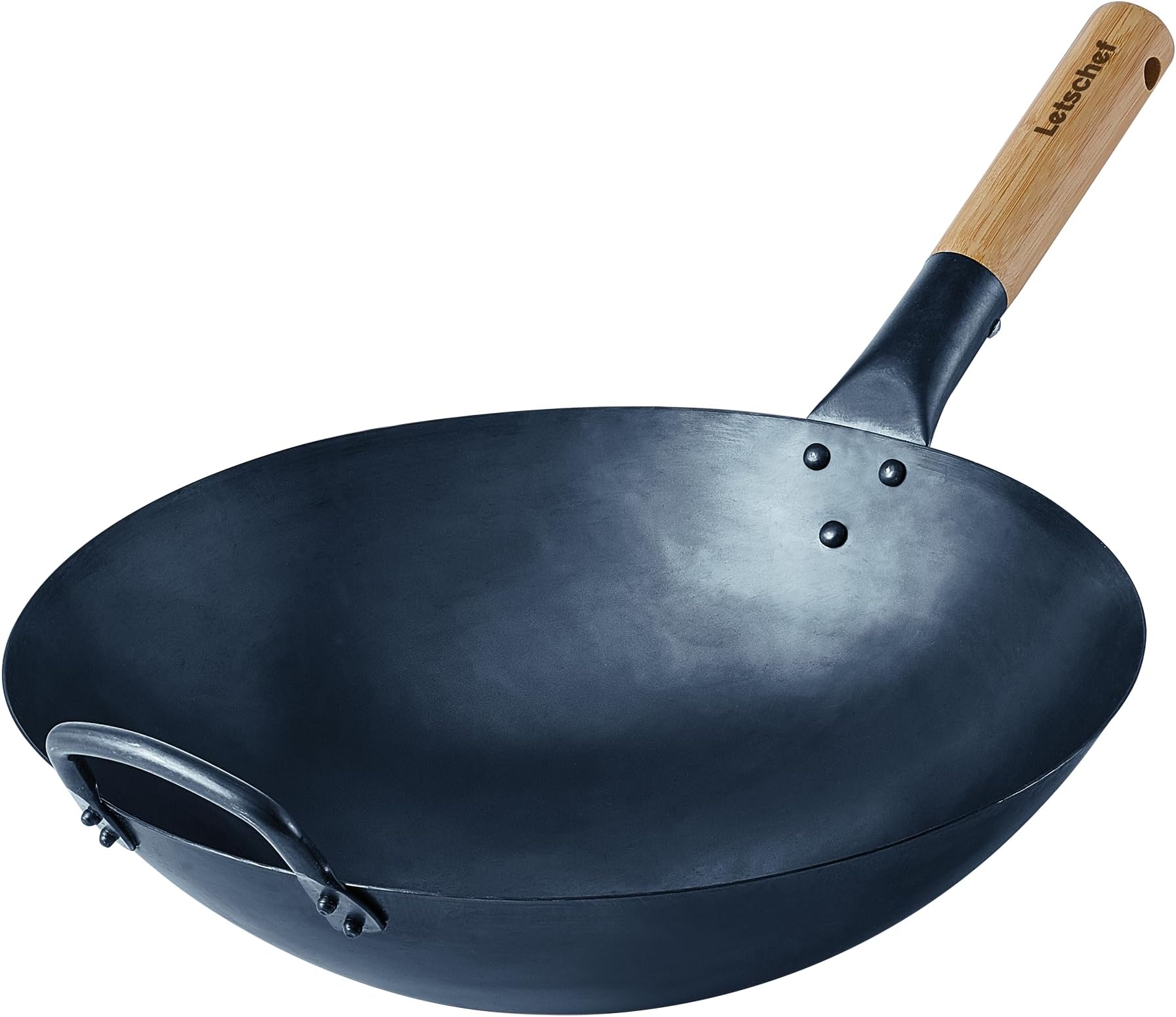 14 inch Carbon Steel Wok with Round Bottom-Free Chemical cookware for Gas Stoves, Open Fire-Hand Hammered Chinese Traditional Wok with Bamboo Handle(No lid included)