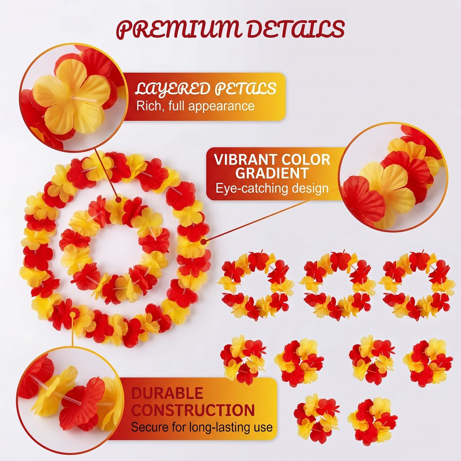 Lot de 3 Kits Supporter Football 12 Pièces, collier hawaien fleurs jaune et rouge, accessoire de fête pour fans de football, 3 colliers, 3 serre-têtes et 6 bracelets