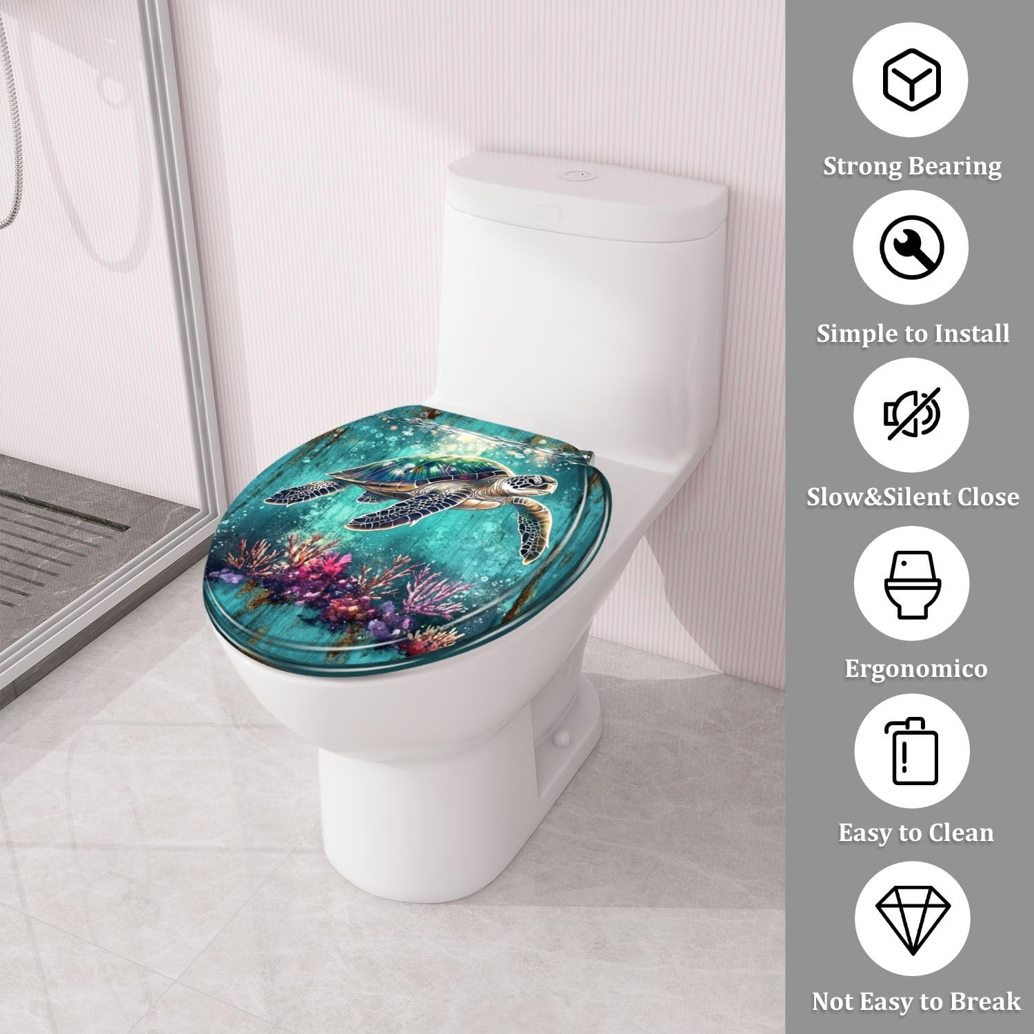 Asiento de inodoro redondo decorativo con bisagras de liberación rápida para baño.