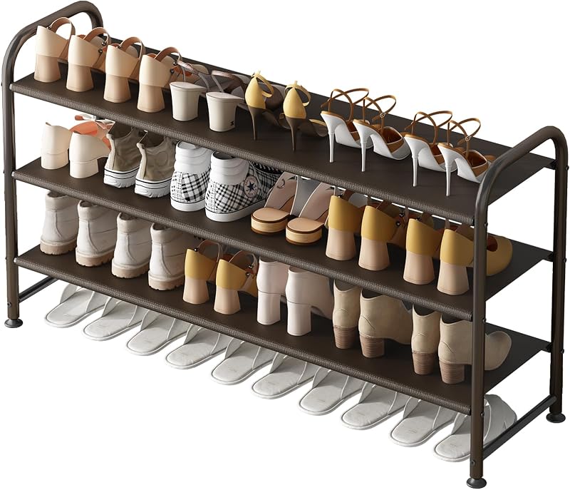 INGIORDAR 3 Tier Long Shoe Rack Organizer for Closet Metal Shoe Storage | Extra-wide Design Stores 20+ Pairs of Shoes, Sturdy Metal Frame, Ideal for Entryway,Closet and Garage Storage Brown