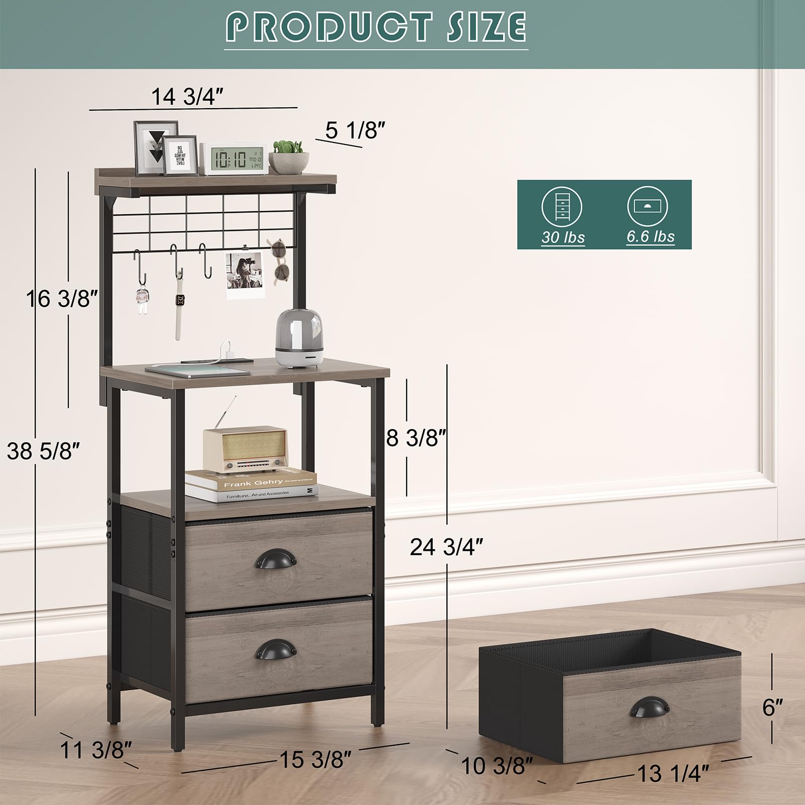 sthmec Comodini alti con stazione di ricarica, comodino a LED con 2 cassetti in tessuto, ganci, porta USB e ripiani portaoggetti, comò alto per soggiorno, camera da letto, ufficio, grigio