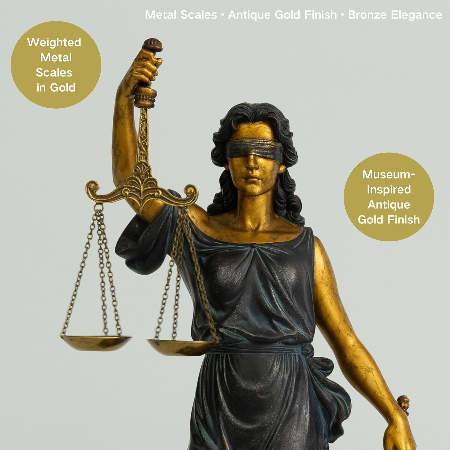 Lady Justice Statue, 13in Bronze and Gold Decorative Sculpture with Scale and Sword, Law Office Desk Decor, Lawyer Gift, Blind Justice Figurine for Bookshelf Living Room (Bronze & Gold)