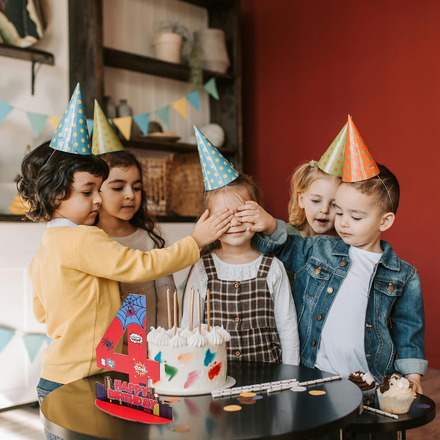 Décor Anniversaire 4 Ans Thème Araignée - Support En Bois 25x19 Cm, Couleurs Rouge/bleu - Centre De Table Pour Fête Enfant