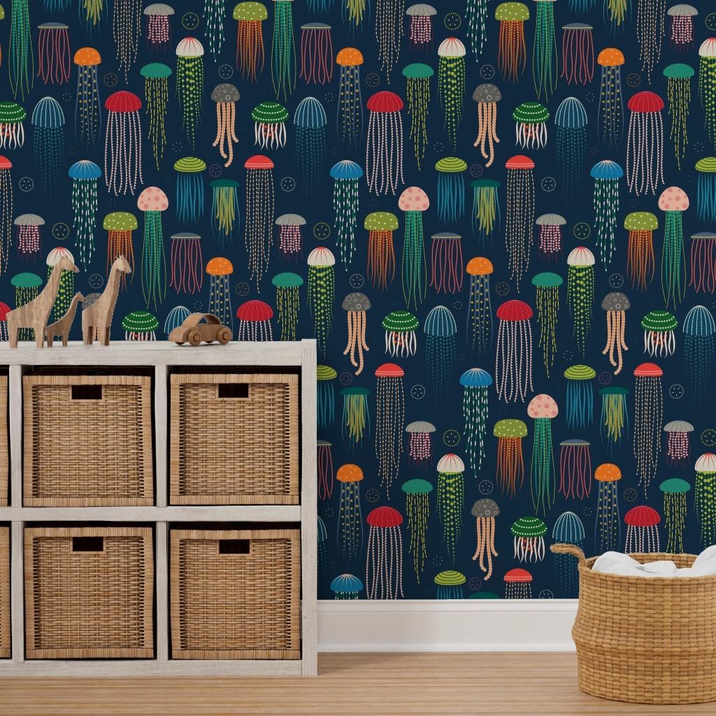 Spoonflower Peel & Stick Wallpaper 3ft x 2ft - Jellyfish Bright Modern Animals Colorful Ocean Swim Sea Creatures Home Decor Custom Removable Wallpaper