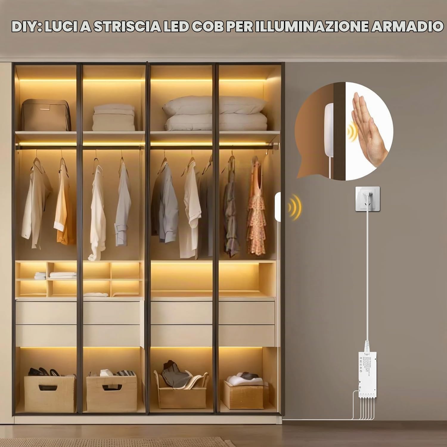 AIMENGTE Led Striscia 2m, 6 Rotoli 12v Bianco Caldo Pannelli Acustici Cob Led Strip Tagliabile, Con Interruttore Dimmer a Sfioramento e Scorrimento Della Mano, Per Armadi Da Vino, Scaffali, Armadi