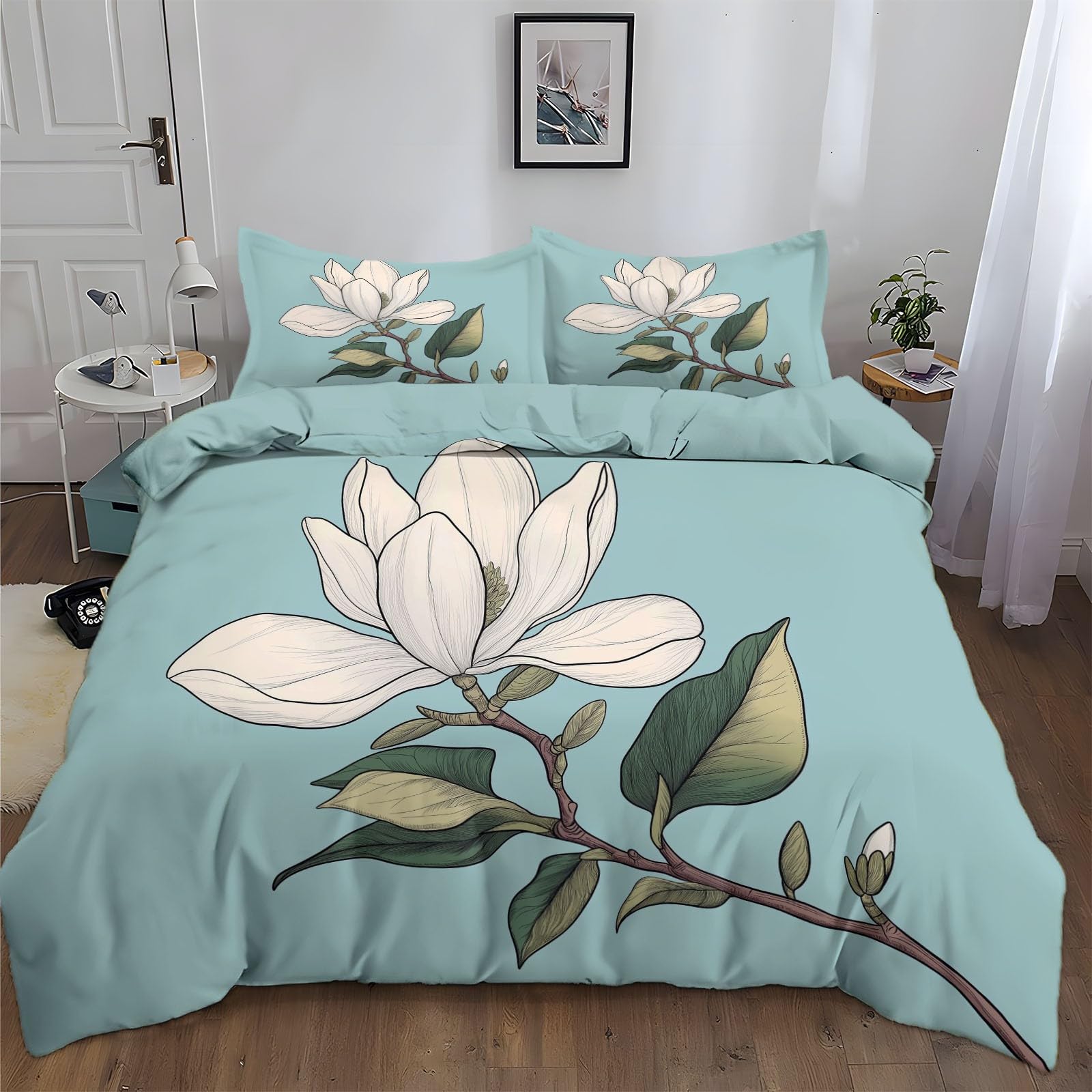 Generisch Pościel ręcznie rysowana magnolia, 155 x 220 cm, poszewka na kołdrę, jasnoniebieska, puszysta, hipoalergiczna pościel 3-częściowy, dla nastolatków, chłopców i dziewczynek, zestaw pościeli z