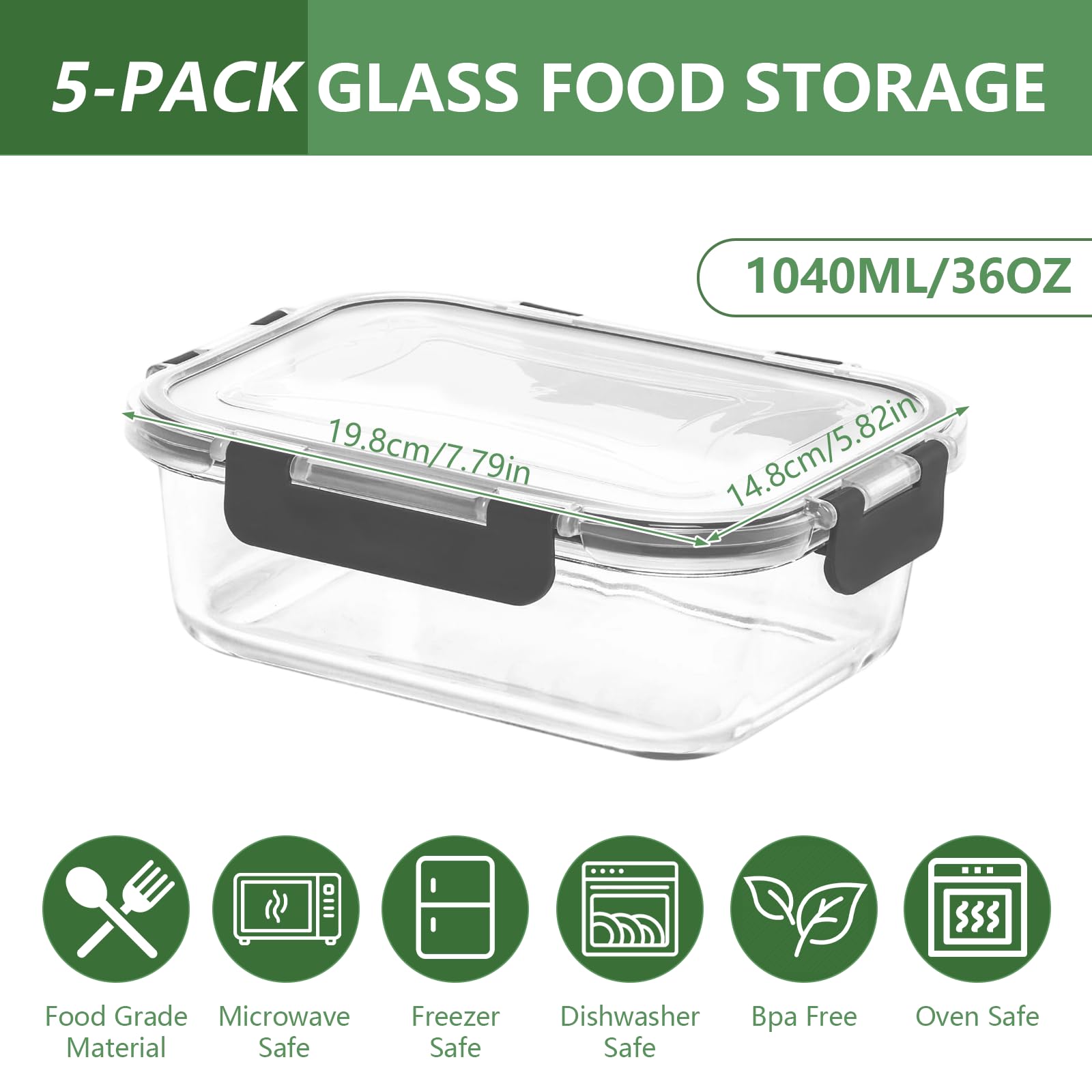 Paquete de 5 recipientes de vidrio para almacenamiento de alimentos, recipientes de vidrio de 1040 ml con tapas, apilables, herméticos, aptos para horno, microondas, lavavajillas, recipiente de vidrio