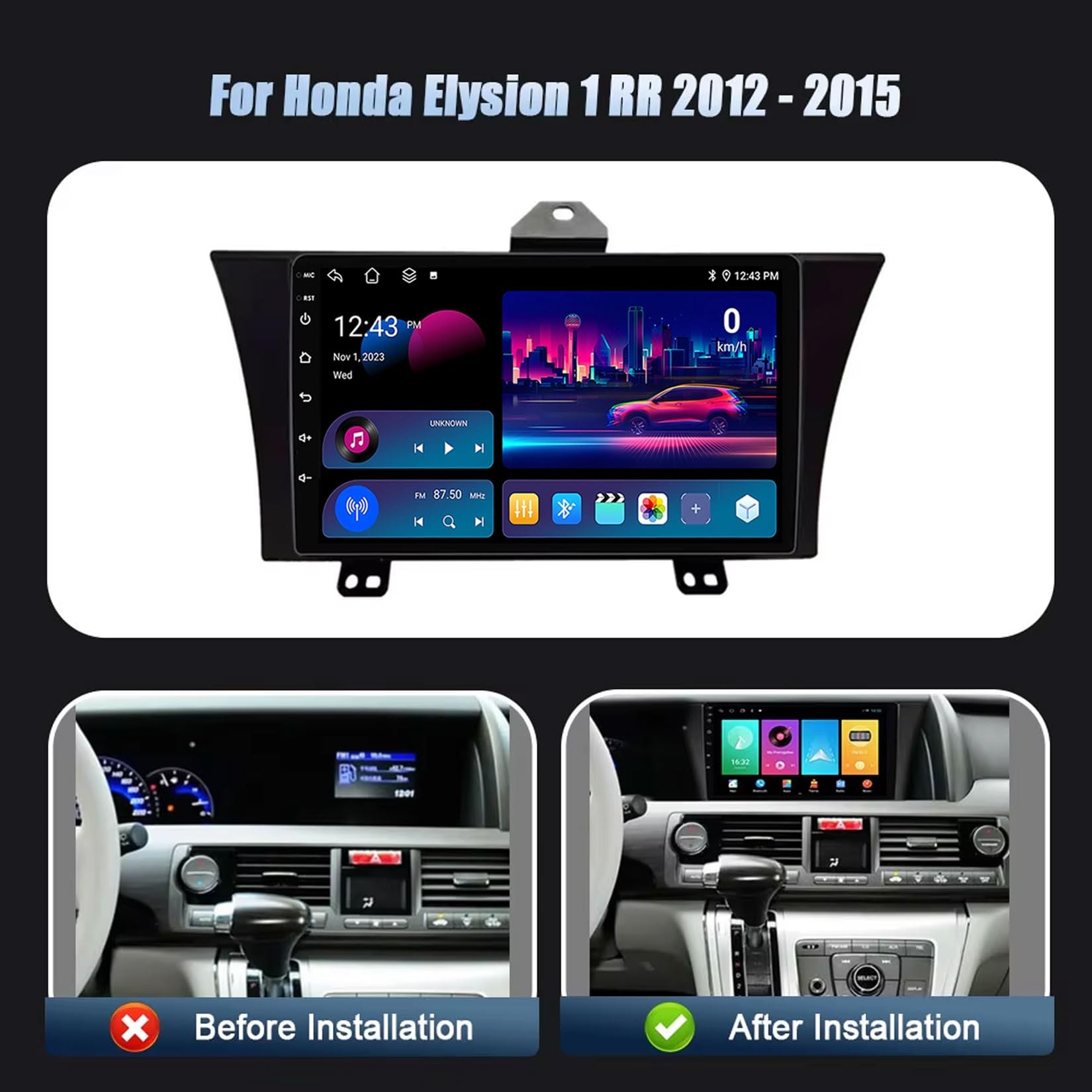 Android 14 Double Din Radio samochodowe do Honda Elysion 1 RR 2012-2015 jednostka główna 9"IPS ekran dotykowy odtwarzacz multimedialny z kamerą cofania obsługuje Carplay Bluetooth GPS Sat Nav RDS SWC