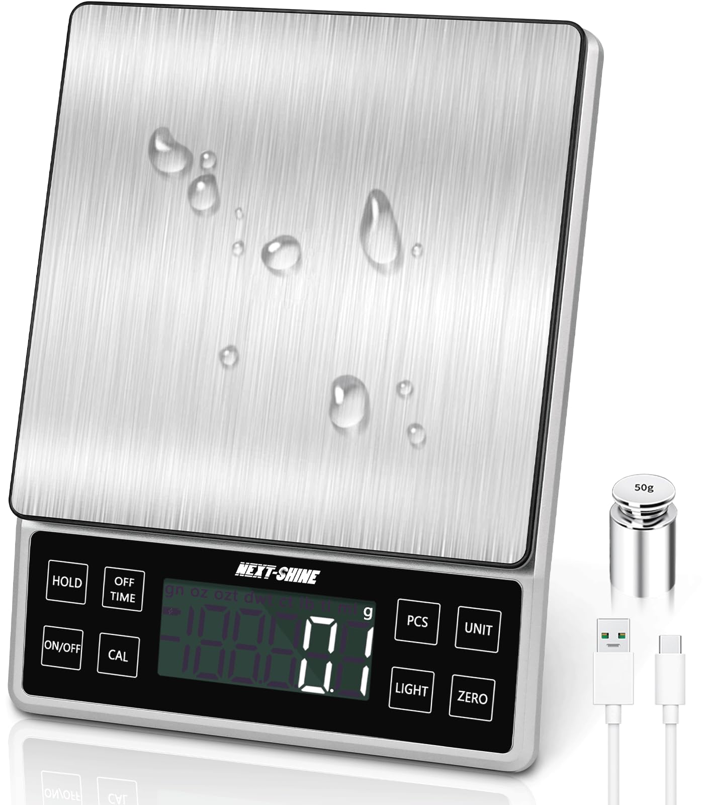NEXT-SHINE Digital Kitchen Scale 5kg/11lb, 0.1g Precision Rechargeable Food Scales 9 Units for Baking Cooking, LCD Display Large Tray Stainless Steel Panel