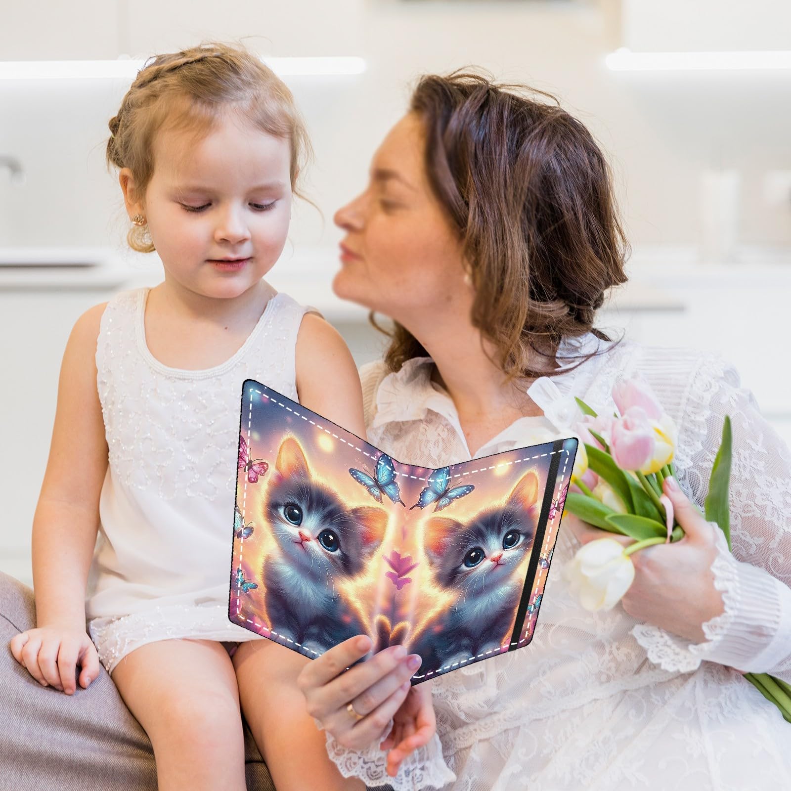 Fotoalbum, 10 x 15 cm, Kapazität für 120 Fotos, PU-Leder, niedliches kleines Fotoalbum mit starkem Gummiband, für Hochzeit, Baby, Reisen, Familie, Fotoalbum, Kätzchen und Schmetterling