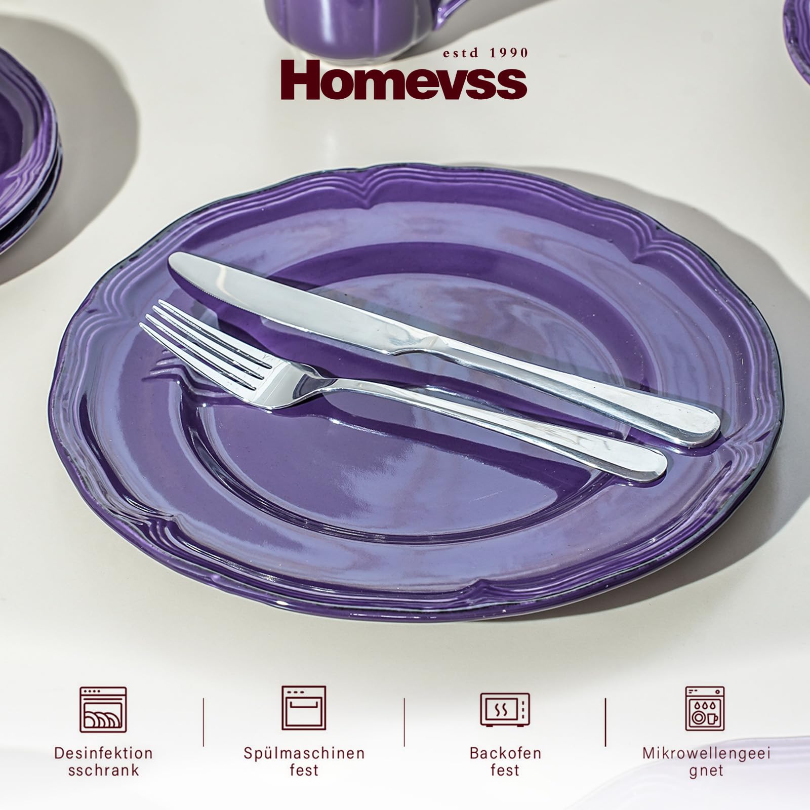 Juego de vajilla de 20 piezas, juego de platos y cuencos, vajilla de gres para 4 personas, apta para microondas y lavavajillas, resistente a los arañazos, color morado antiguo moteado estilo campestre