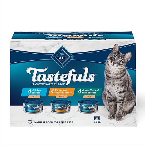 Vista 32 de Blue Buffalo Tastefuls - Paquete variado de comida húmeda natural en paté para gatos, salmón, pollo, pescado marino y atún, latas de 3 onzas