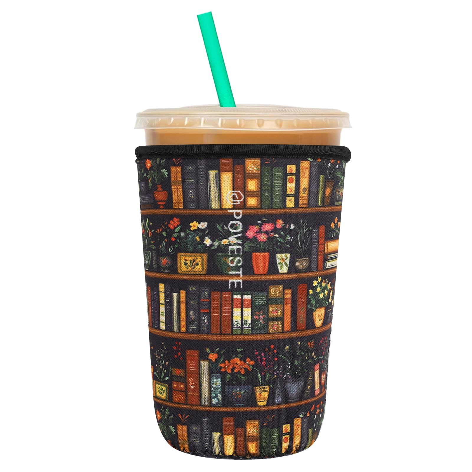Reusable Neoprene Insulator Sleeve for Iced Coffee &amp; Cold Soda, Coffee Sleeves for Iced &amp; Hot Drinks, Cold Beverage Cooler Compatible with Starbucks, Dunkin (Book&amp;Flower, Medium: 22-24oz)