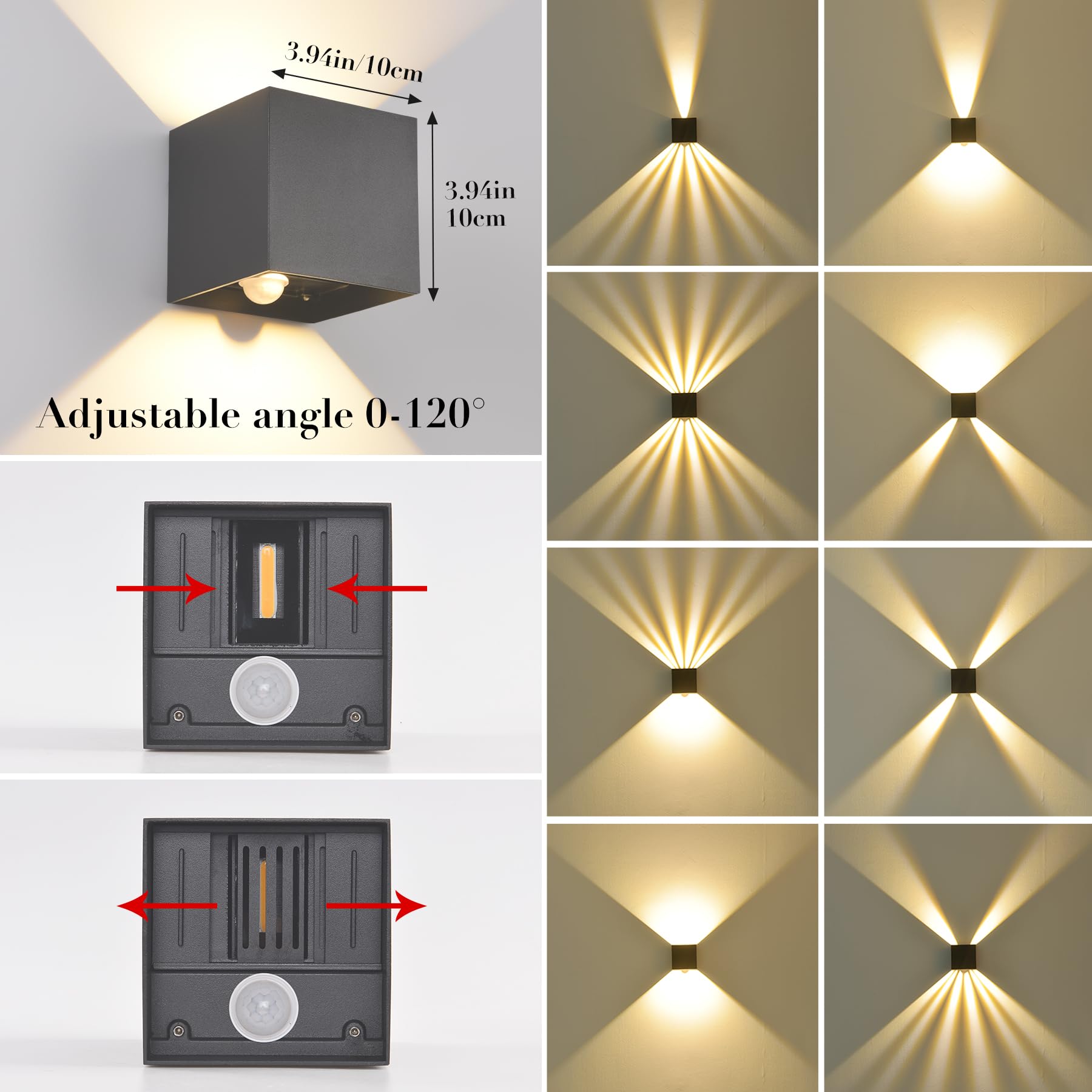 Applique da Parete con sensore di movimento LED 12W,Moderno Lampada da Parete Angolo del Fascio Regolabile Esterno Interno 3000K Bianco Caldo,Impermeabile IP65 Lampada a Muro in Alluminio,Grigio Scuro
