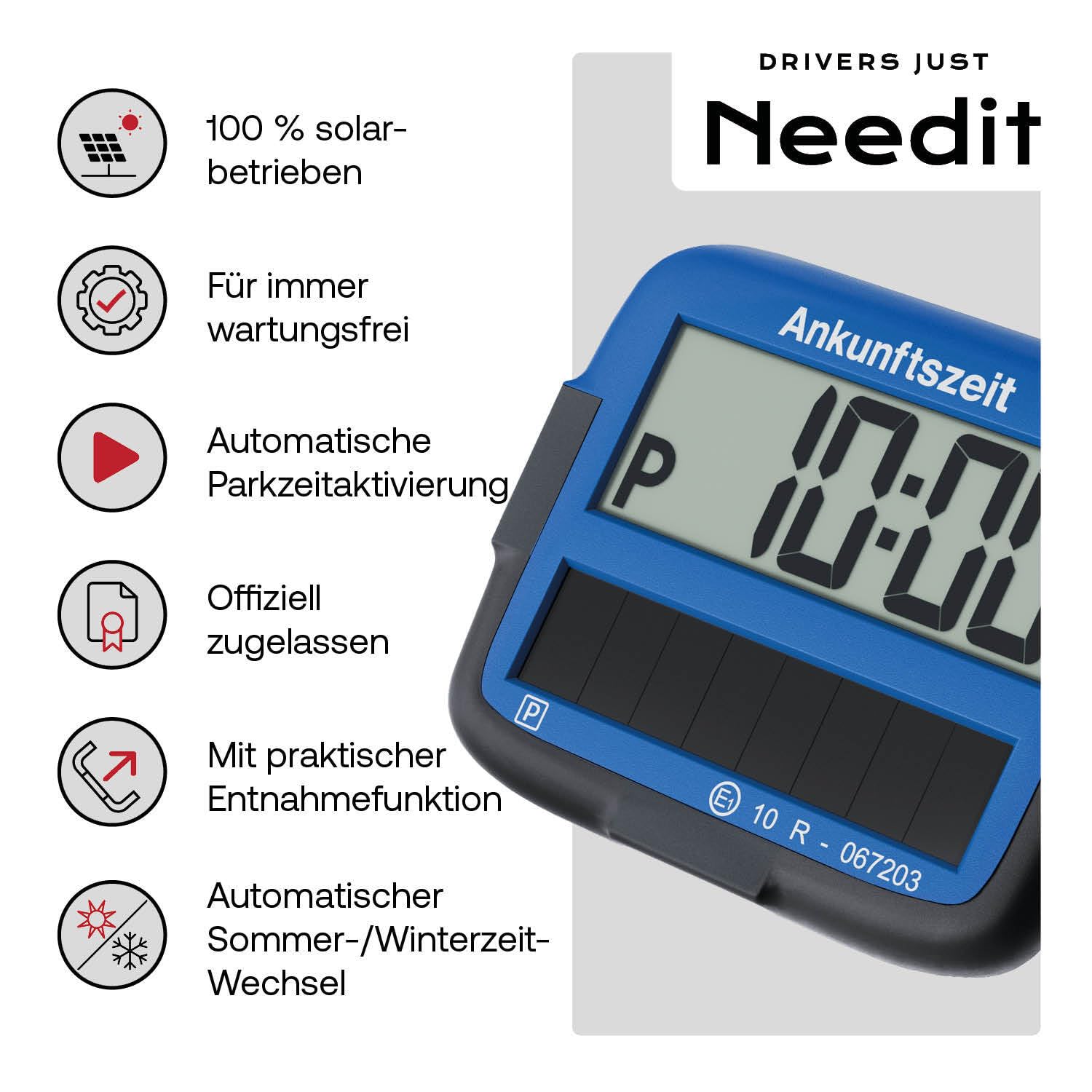 Needit Park Micro Solar elektronische Parkscheibe [NEUES Modell 2025] I unendlich Energie, Null Batteriewechsel | einzige Parkscheibe in Deutschland mit integriertem wiederaufladbarem Akku | blau