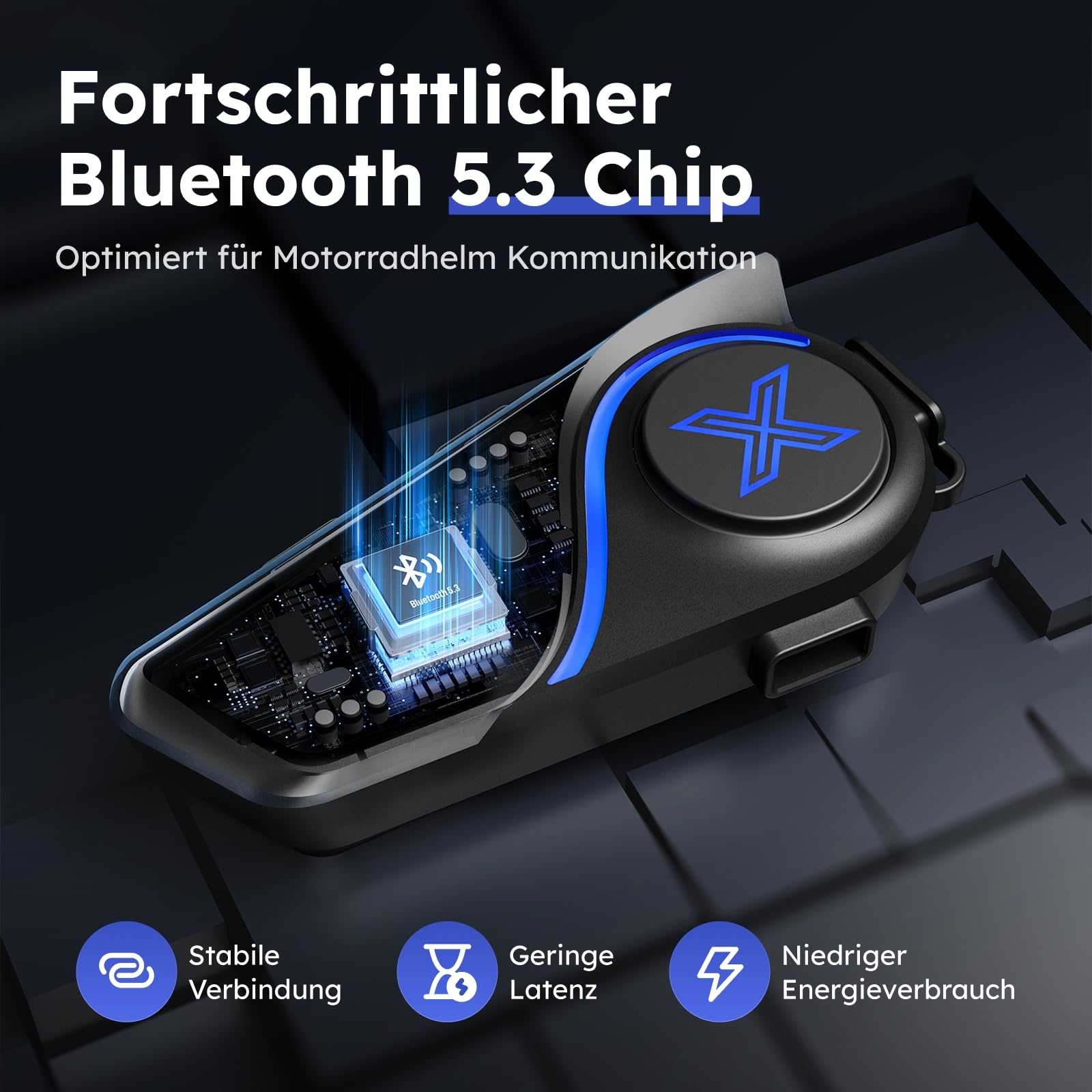 Motorrad Bluetooth Headset mit Audio-Multitasking, 2-Wege-Intercom mit 600m Reichweite, Bluetooth 5.3 Helm Kommunikationssystem mit universeller Kopplung/FM/1000mAh Akku, Einzelpack-D9