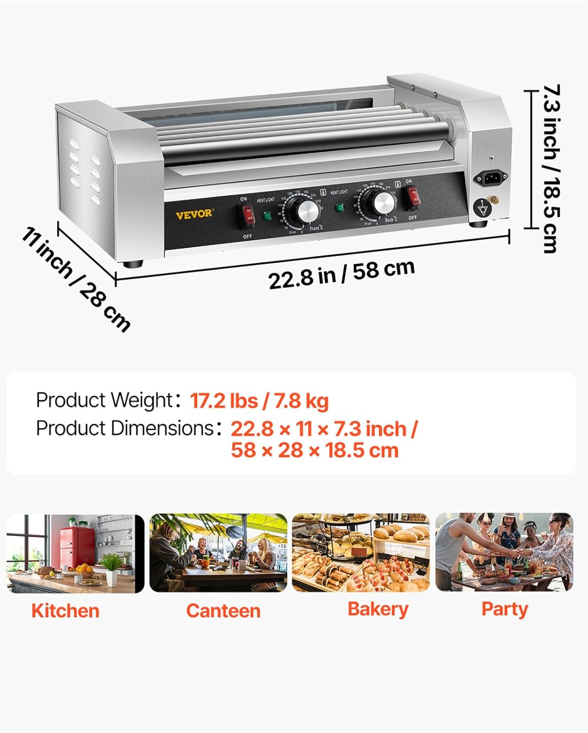 VEVOR Hot Dog Roller, 5 Roller Grill, Hold 12 Hot Dogs, 750W Stainless Steel Cook Warmer Machine with Dual Temp Control, LED Light & Detachable Drip Tray, Sausage Grill Cooker for Commercial and Party