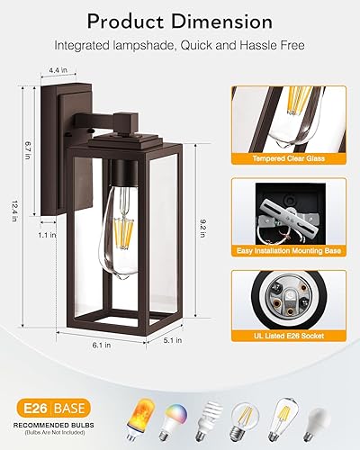 Miniatura 6 de VIANIS Paquete de 2 lámparas para exteriores, luces de porche marrones para exteriores, linterna de coche de bronce aceitado, luces impermeables
