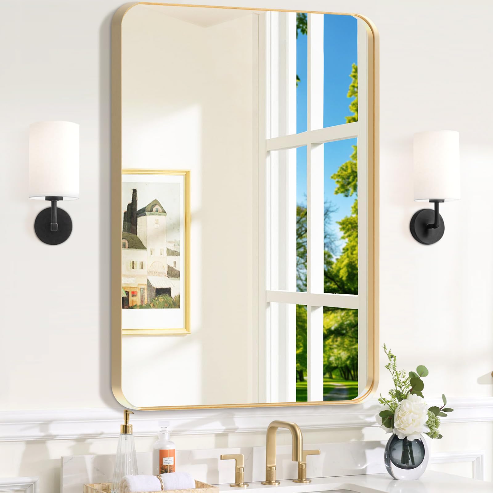 Brushed Gold Bathroom Mirror 24x36 Inch Rounded Rectangular Bathroom Mirrors Aluminum Alloy Frame Bathroom Mirror Farmhouse Hangs Horizontally