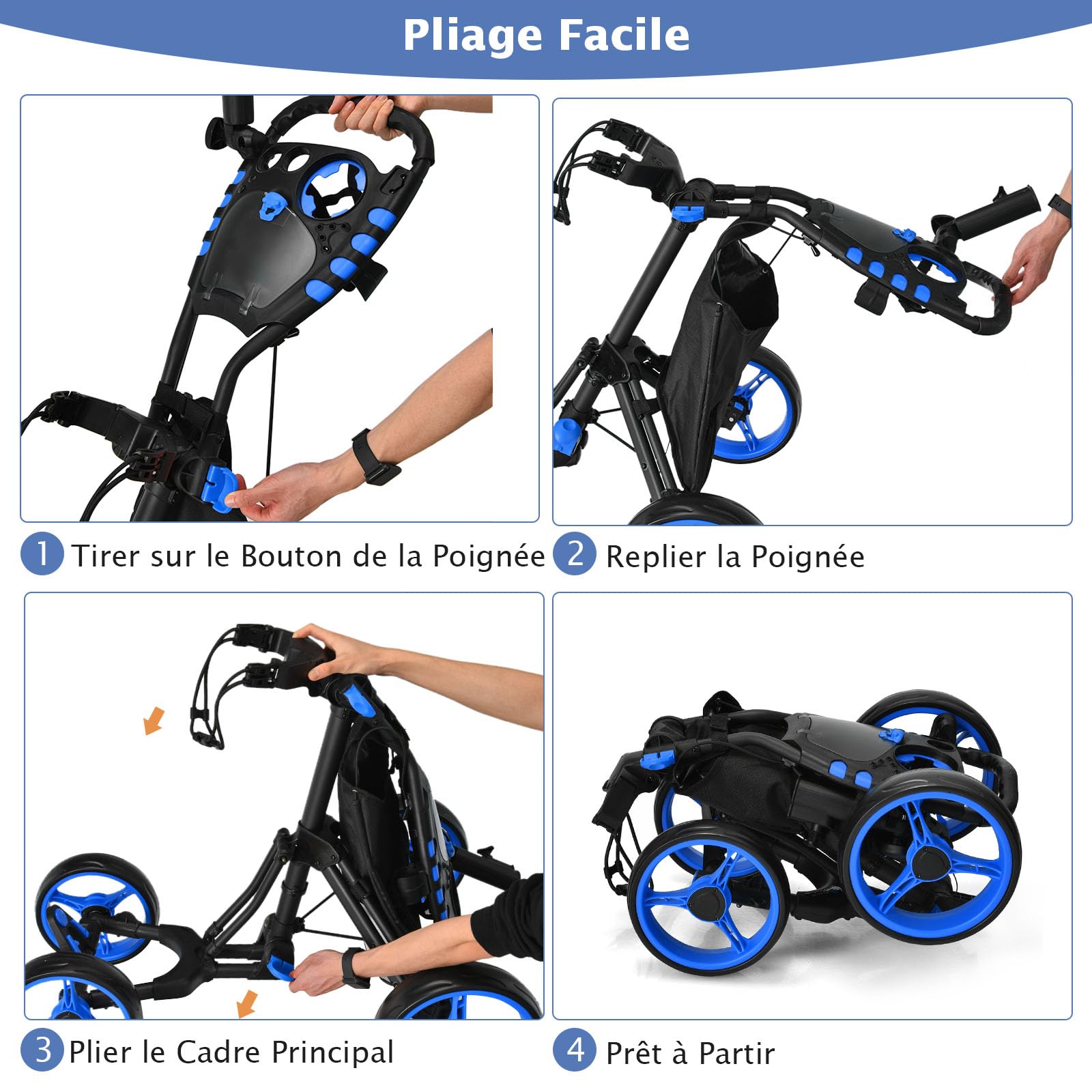 COSTWAY Chariot de Golf Pliable à Pousser ou à Tirer à 4 Roues, Chariot de Golf Léger avec Sac Imperméable et Frein à Pied Porte-Parapluie Réglable Poignée Réglable