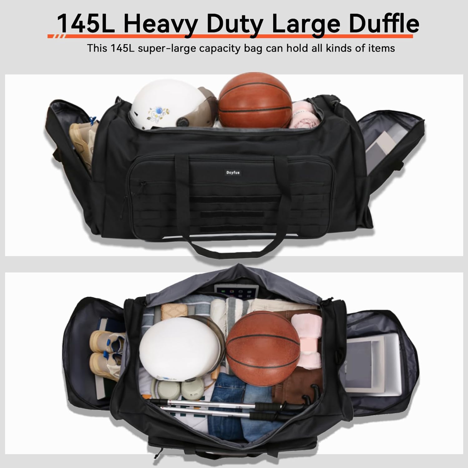 145L Extra Large Duffle Bag, 38"Heavy Duty Duffle Bag, Large Duffle Bag for Travel, Gym Duffle Bag for Men, Large Sports Duffle Bag, Baseball Duffel Bag with Shoulder Strap (Black) - Image 3