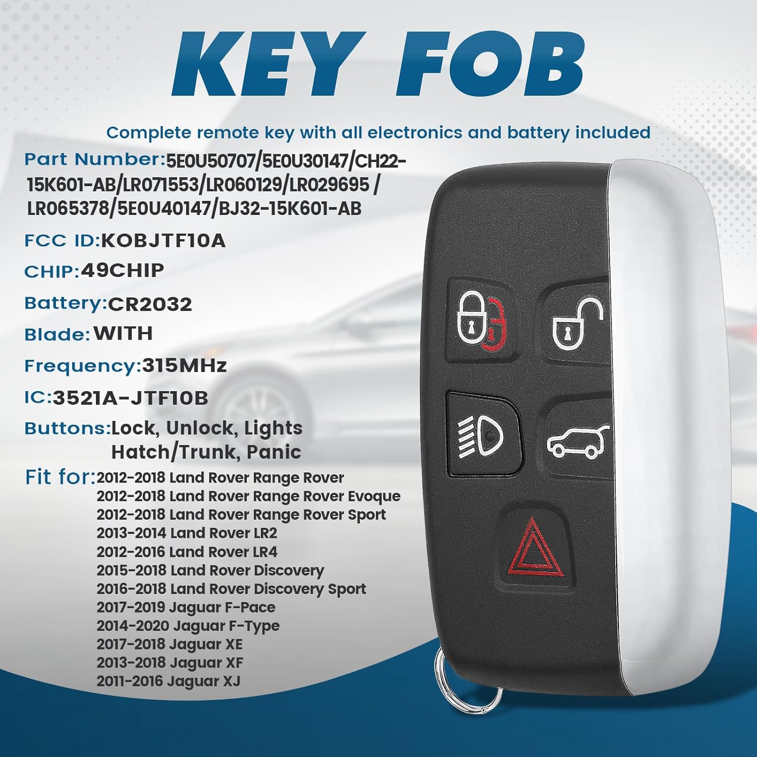 Keyecu Replacement Smart Remote Car Key Fob for Jaguar Land Rover Range Rover 2011-2019 KOBJTF10A BJ32-15K601-AB 5E0U50707 CH22-15K601-AB 315MHz 49Chip 5Buttons
