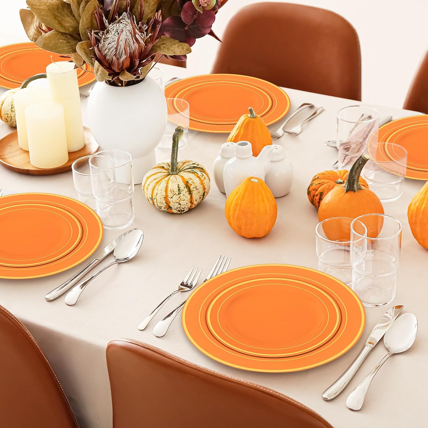 Whaline 50 Pcs Thanksgiving Fall Plastic Plates Orange Gold Foil Bordered Disposable Plates Heavy Duty Decorative Dinner Dessert Plate for Autumn Thanksgiving Tableware Supplies Table Decor