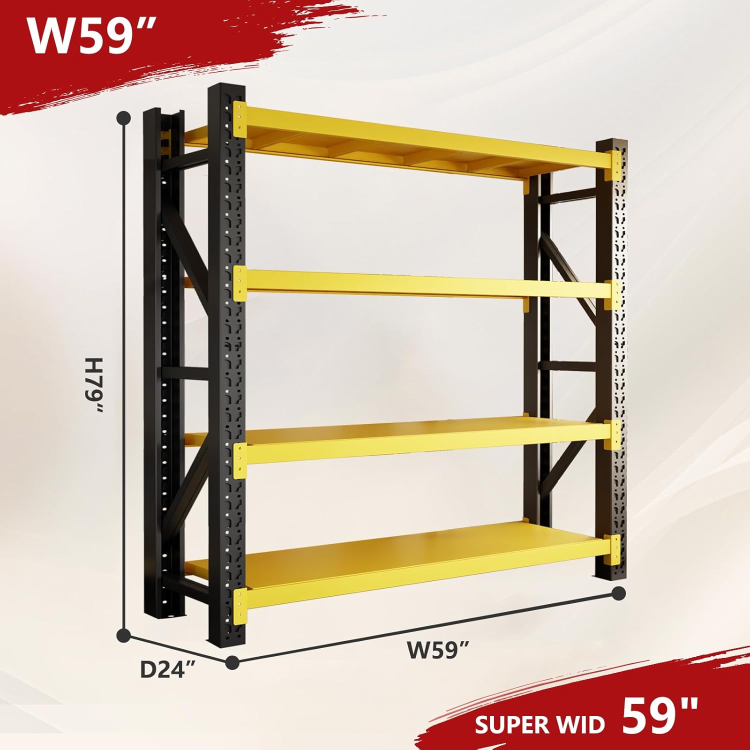 5000lbs Garage Shelving Heavy Duty, 79" H 4-Tier Metal Adjustable Garage Shelves, Storage Shelves for Warehouse, Pantry, Basement, 59" W X 24" D X 79" H (Black+Yellow, 59x24x79)