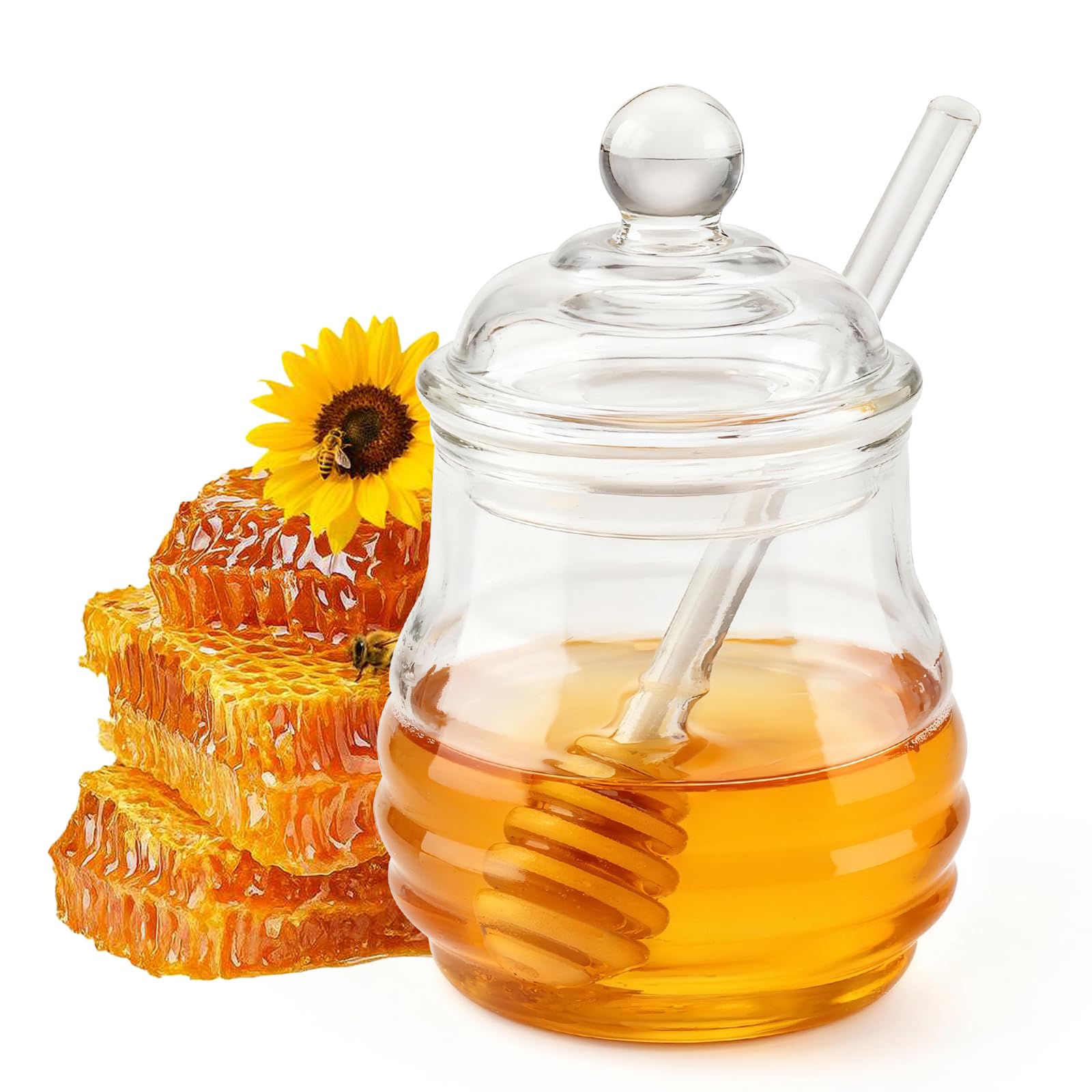Dosatore Miele, 280 ml Dispenser Miele avec Cuillère à Verre, Porta Marmellata per Sciroppo di Acero, Arachidi, Ideale per Regali in Casa e in Cucina
