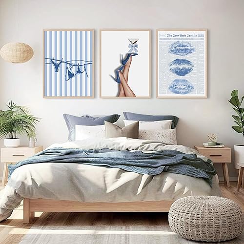 Miniatura 8 de Decoración artística de pared de coqueta azul, pósteres estéticos de moda, arte de pared retro Y2k, arte de pared con lazo azul, impresiones de