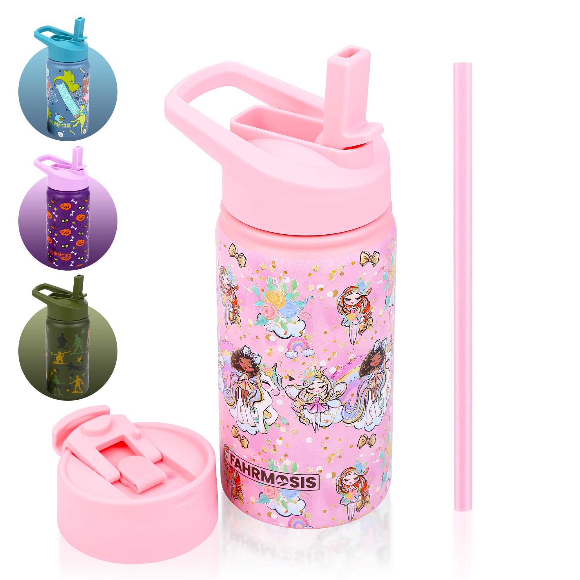 14 OZ Kids Water Bottle with Straw & 2 Lids (Flip & Spout) Leak Proof Metal Insulated Stainless Steel Reusable Tumbler for School & Sports Water Bottle - Pink (Princess)