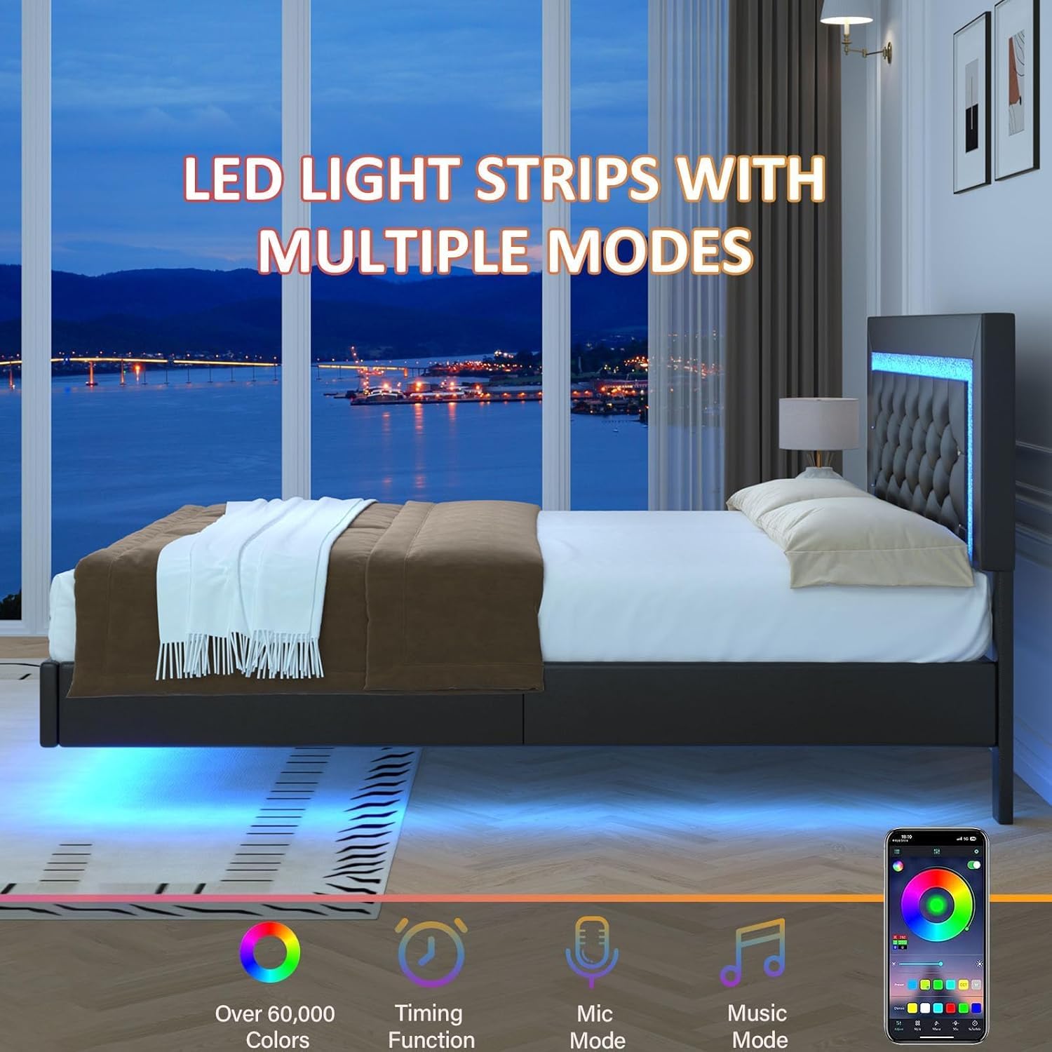 BarnFurin Floating Bed Frame with LED Lights, Upholstered Platform Bed with Diamond Tufted Headboard (Black, Twin) - Image 4