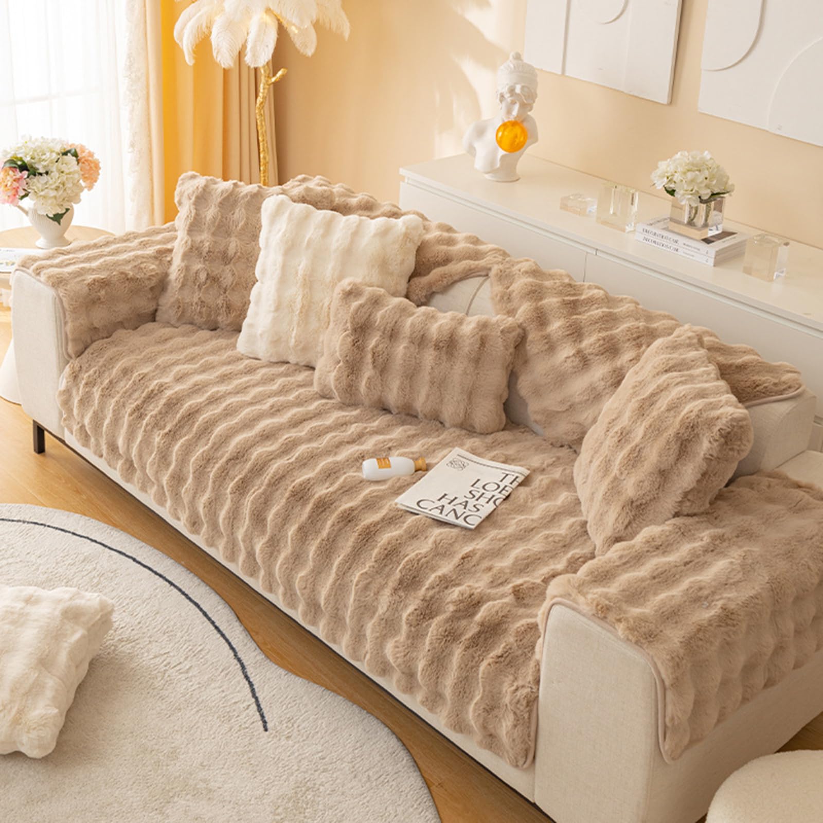 Funny Fuzzy Sofa Cover 1 2 3 Seater,Washable Winter Soft Furniture Protector Sofa Slipcovers,Cosy Plush Solid Colour Non-Slip Couch Cover,Thick Furniture Protector(Size:90*90CM,Color:khaki)