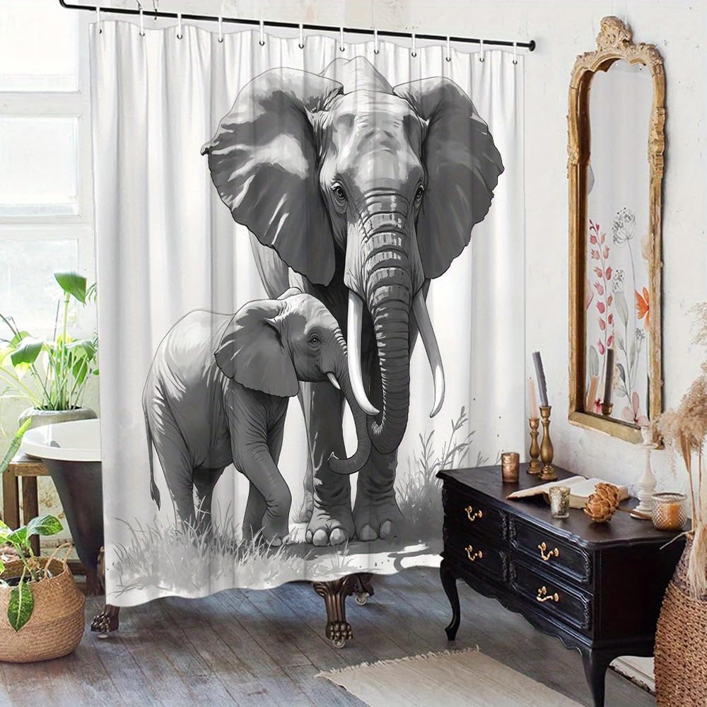 GLWDMB 1 Piece 180x200CM Elephant Family Printed Shower Curtain With Hook, Polyester, for Windows And Walls, Bathtub, Bathroom, Machine Washable, All Season Universal