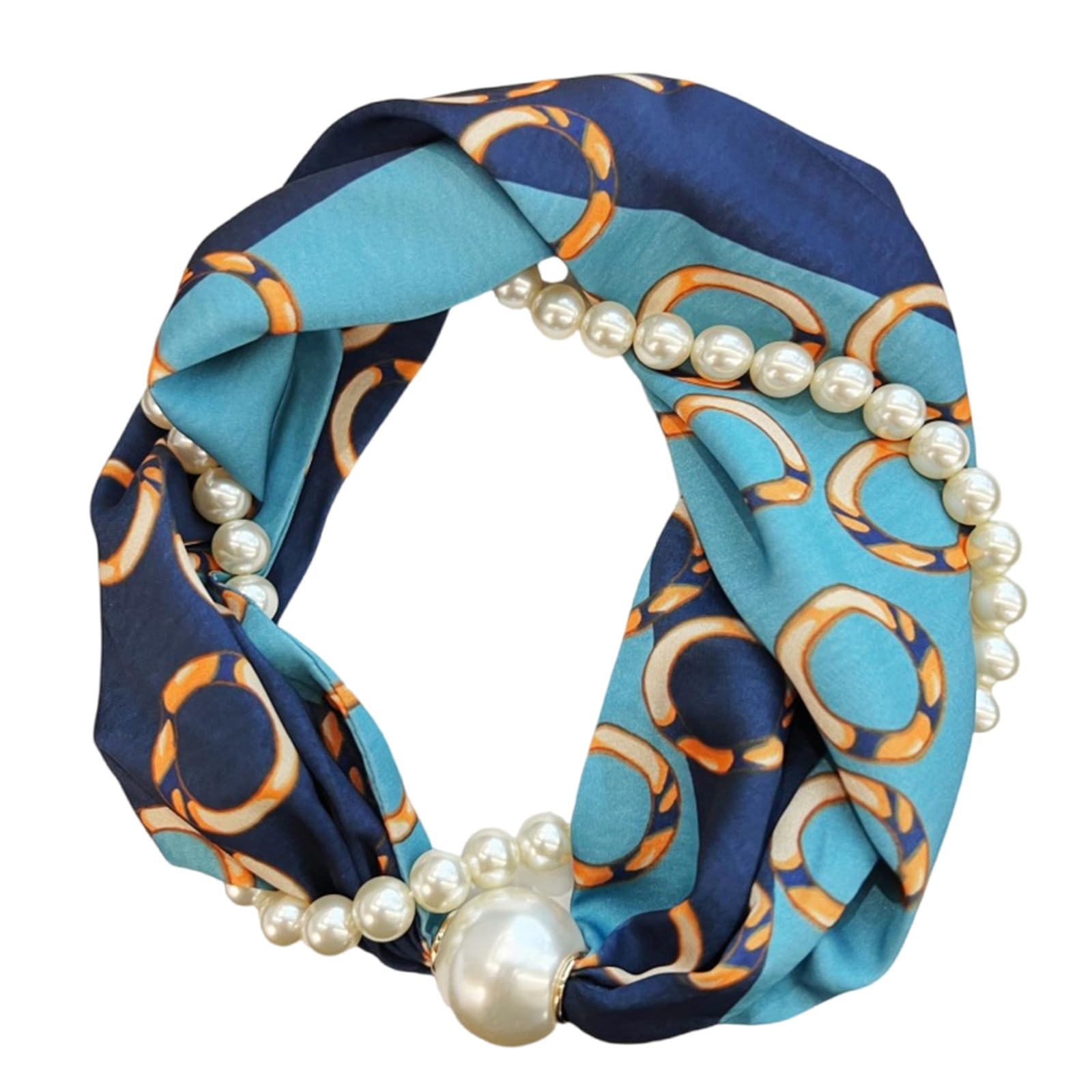Alloneslife Unisex Blue Magnetic Clasp Pearls Chain Necklace Floral Satins Scarf Elegant Silk Skinny Narrow Neckerchief For Fashionable Women(Blue)